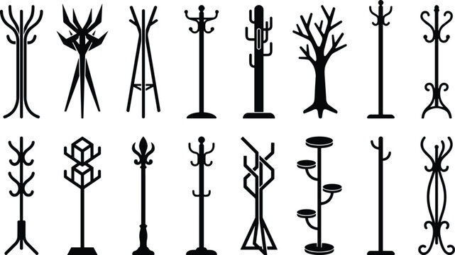 Coat rack and hat stand silhouette icons set featuring classic modern and wooden hanger designs vector isolated