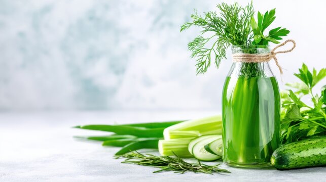 A clear glass jar filled with green liquid and topped with fresh herbs on a light background