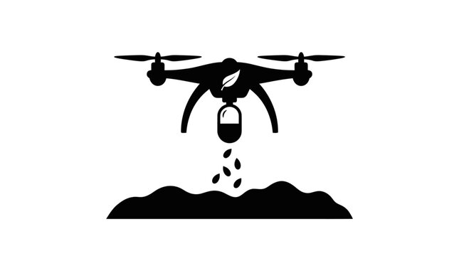 Drone spraying seeds over arable land, precision agriculture icon
