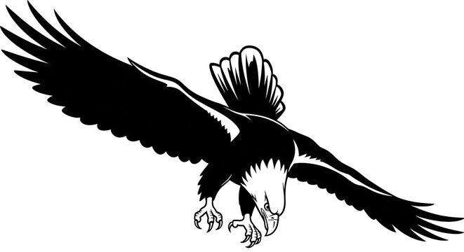 Black eagle in flight descending sharply.