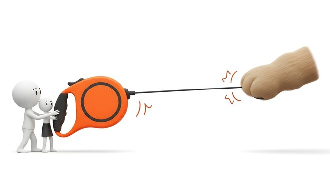 Minimal figures pulling giant orange pet leash against animal paw