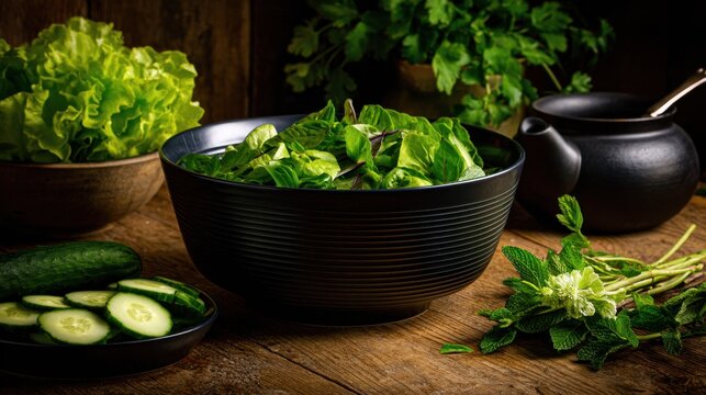 A vibrant arrangement of fresh greens, including lettuce and cucumbers, presented in stylish bowls