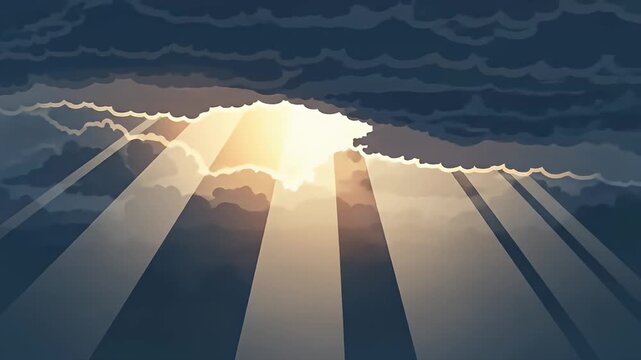 Cartoon illustration of light rays shining through dark, layered, billowing clouds