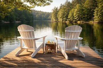 Fototapeta premium White Muskoka chairs placed on dock near quiet lake with abundant green trees beyond