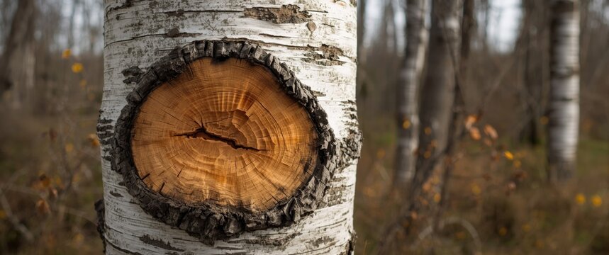 Birch Tree Trunk with Unique Burr Burl Formation Outdoor Forest Setting, Soft Focus Background