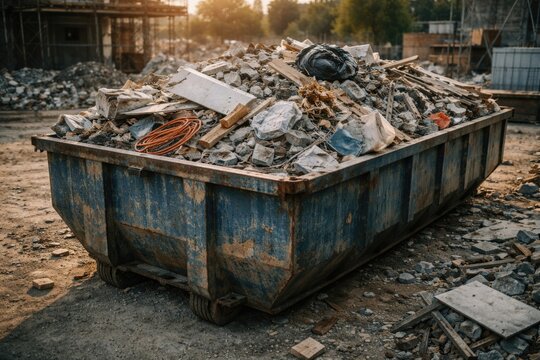 Full industrial bin holding assorted demolition and construction debris