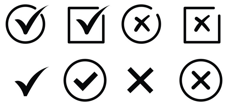 Set green approval check mark and red cross icons in circle and square, checklist signs, flat checkmark approval badge, isolated tick symbols