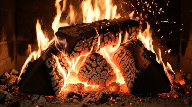 Cozy burning firewood with glowing embers and bright warm flames in a fireplace at home