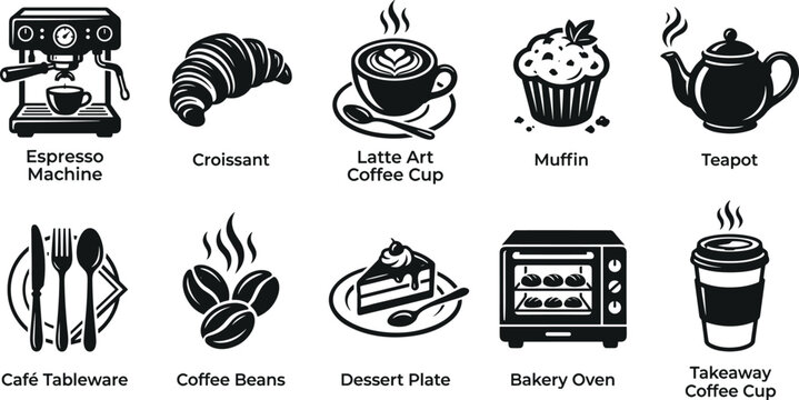 Coffee shop black silhouette icons set with text labels featuring espresso machine latte art bakery oven and takeaway cup vectors
