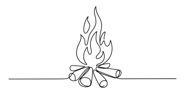 Continuous single line drawing of a campfire with burning logs and flames Vector, illustration