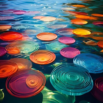 Vibrant, colorful, circular objects float on rippling water's surface
