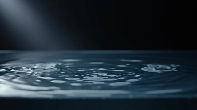 Water drop hitting dark liquid surface causing ripple and wave expansion. Macro view of fluid motion and splash dynamics in controlled lighting for science research