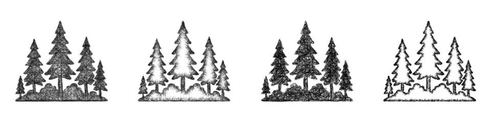 Obraz premium Sketch monochrome pine forest icon design set