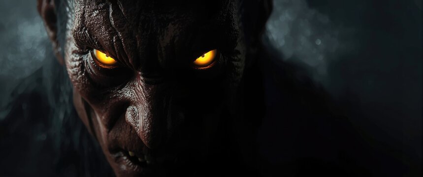 Artistic rendering of a demon face with bright glowing eyes amidst shadows