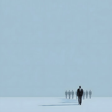 Minimalist Leadership Concept - One Figure Standing Ahead of Group with Blue Copy Space