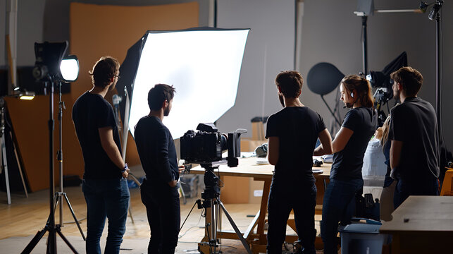 Professional film crew members collaborating to set up cameras and lighting equipment for a studio production.