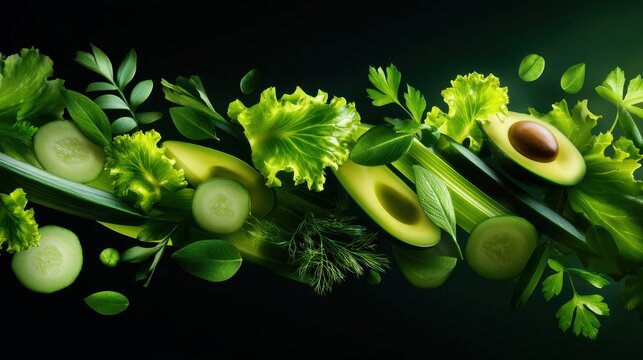 A vibrant, green arrangement of fresh vegetables and leaves against a dark background
