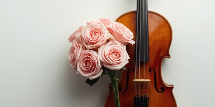 A graceful bouquet of five pink roses paired with a violin and bow on white background