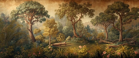 Antique style forest mural with diverse trees and lush palm and shrub floral border