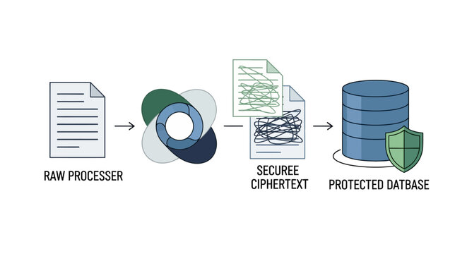 Data Encryption Process Flowchart showing Raw Data Processing to Secure Ciphertext and Protected Database Storage