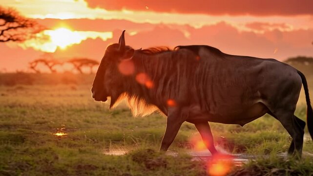 Wildebeest crossing lush meadow, against glowing sunset sky, dramatic African wildlife migration atmosphere, 4K video