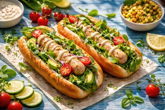 Summer themed vegan hotdogs with white meat sausages and fresh greens on blue wood texture with copy space