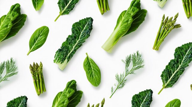 A vibrant arrangement of various leafy greens and vegetables on a white background