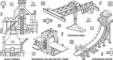 Naklejka premium Industrial Metallurgy Steel Plant Equipment Isometric Line Icon Set for Heavy Manufacturing Engineering and Factory Layouts