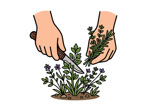 Hand holding a garden knife pruning green herbs in the soil