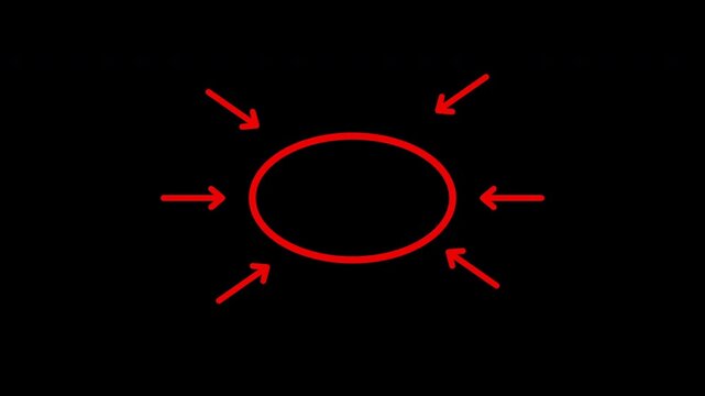 Red Glowing Arrows Pointing Towards Central Oval Shape on Black Background 4k video
