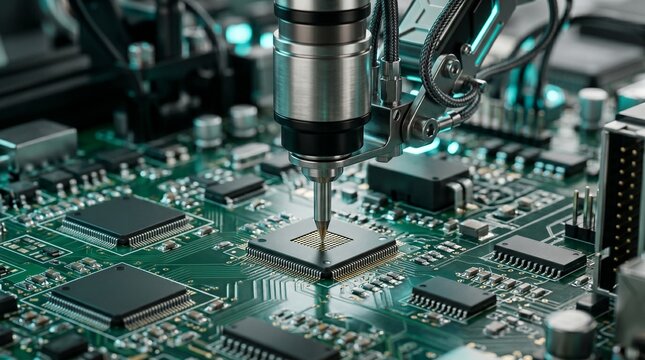 Robotic machine placing microchip on green circuit board in high-tech electronics assembly