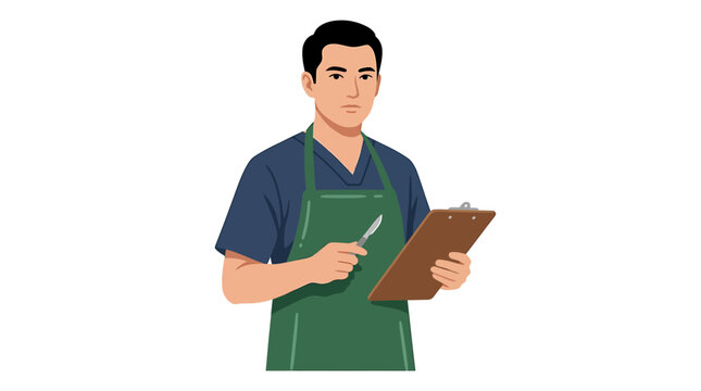 Male Medical Examiner Holding Scalpel and Clipboard