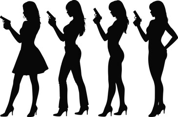 Fototapeta premium WebFemale silhouettes, handgun pose, spy figure, secret agent, armed woman, vector illustration, black icon, crime design, mystery symbol, action