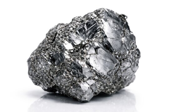 Zoomed view of reflective nickel ore piece set against white backdrop