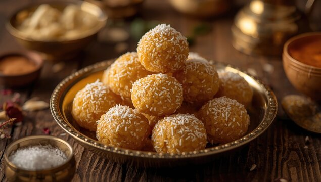 Tilgul Laddu Sweets Plated for Pongal Celebration Festive Setting, Warm Lighting, Authentic Indian Cuisine
