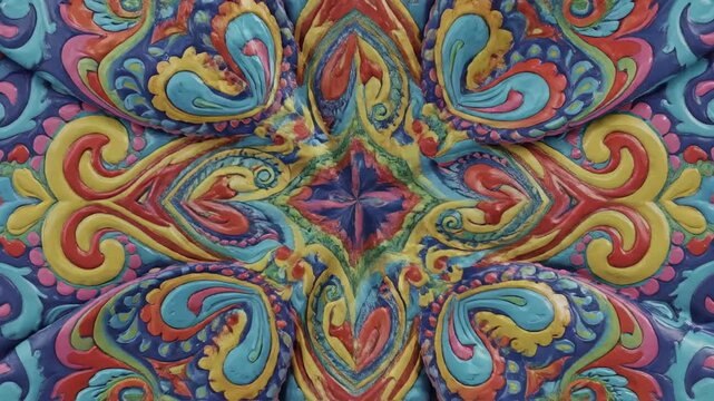 Intricate, highly textured textile art displays vibrant, swirling polychromatic patterns reminiscent of elaborate paisley motifs and kaleidoscopic fractals, evoking a sense of exuberant bohemian