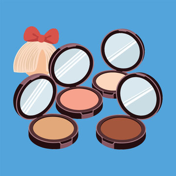 Cartoon Blonde Hair Wig With Red Bow And Open Makeup Powder Compacts On Blue Background Vector Illustration
