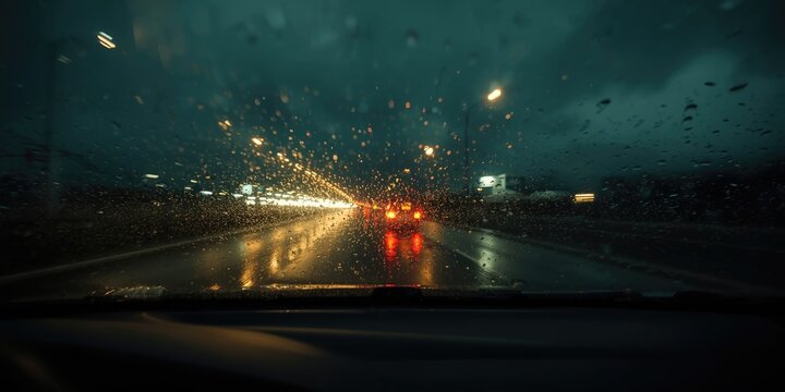 Blurred View from Inside Vehicle Rainy Road at Night, Glowing Bokeh Effects