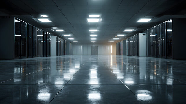 Hyper Realistic Server Room Perspective with Reflective Flooring and Enterprise IT Infrastructure