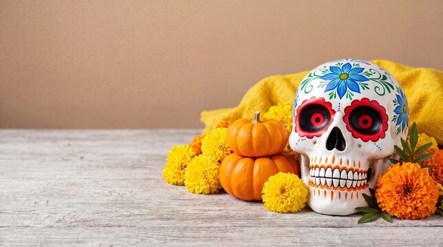 Day of the dead sugar skull with marigolds and pumpkins on wooden table