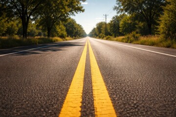 Obraz premium Hot summer daylight reflecting off an empty asphalt road with a bright yellow center stripe