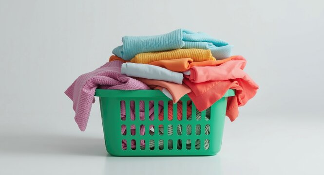 Brightly colored garments stacked in a green plastic laundry basket on a plain white surface highlighting daily laundry essentials