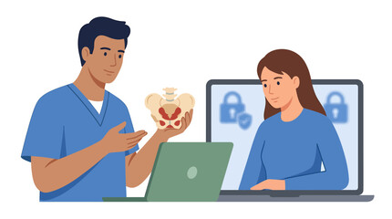 Obraz premium Male Proctologist Explaining Procedure with Pelvis Model on Laptop