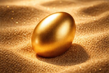 Obraz premium Radiant golden egg lying on granular sand surface background