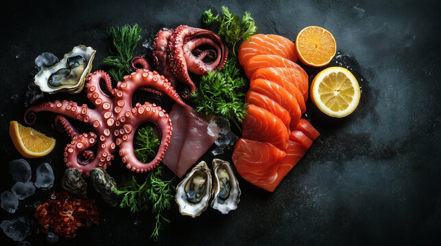 Seafood platter with raw salmon slices, octopus tentacles, fresh oysters and lemon on a dark background