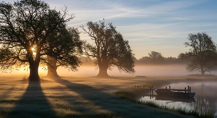 Fototapeta premium Sunrise over a serene lake with a boat, trees, and foggy landscape