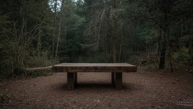 AI inspired rustic wood table placed in tranquil forest clearing setting