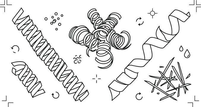 Metal Shavings and Swarf Machining Spiral Chips Line Icon Set for Industrial Manufacturing Engineering Workshop Blueprints