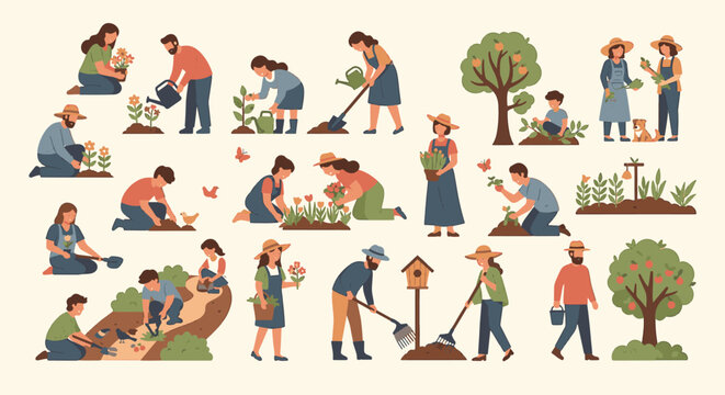 Flat vector illustration collection featuring professional business icons, diverse character avatars, and modern UI design elements for web development and marketing presentations.