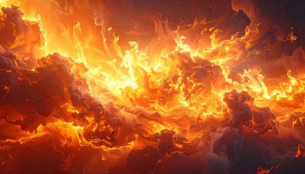 Inferno flames engulfing dark clouds.